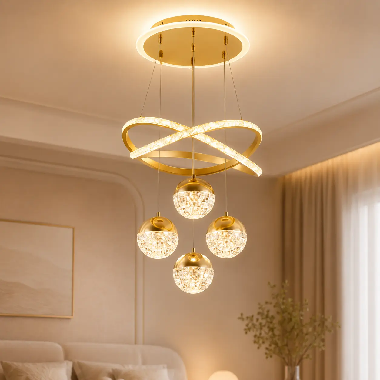 Modern LED Pendant Light - 4-Ball Suspended Chandelier with 3-Tone Dimming, Infinite Loop Ceiling Lamp for Bedrooms, Dining Rooms, Kitchen Islands
