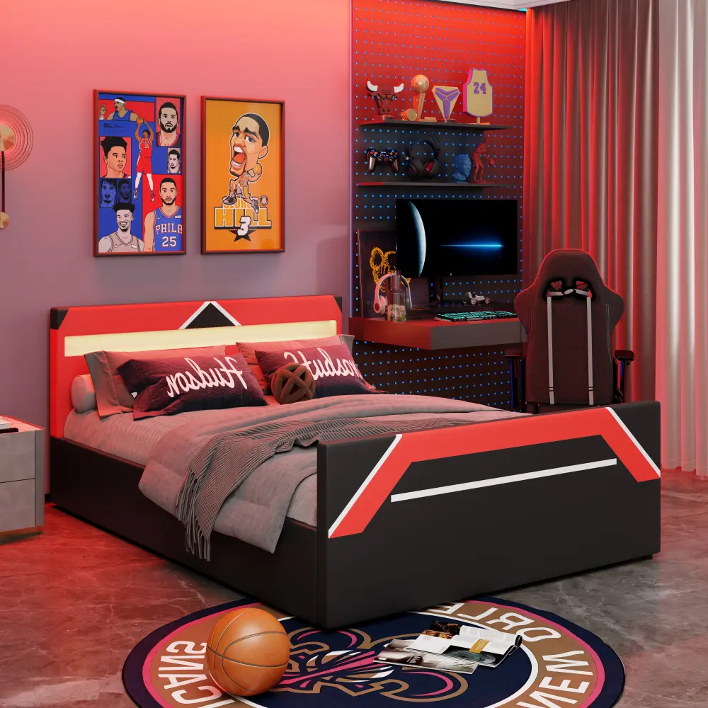 Queen Size Cyberpunk Gaming Bed with 7-Color LED Headboard and Side-Lift Hydraulic Storage Platform – Sturdy Design with Built-in Under-Bed Storage, No Box Spring Needed, Available in Black+Gray/Purple/Red