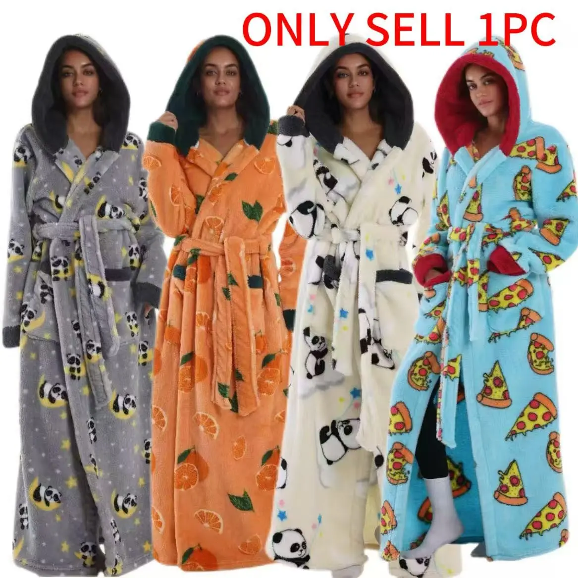 Elegant Thick Coral Fleece Bathrobe, Long Warm Robe for Fall Winter, with Pockets and Belt, Hooded Design, Classic Color