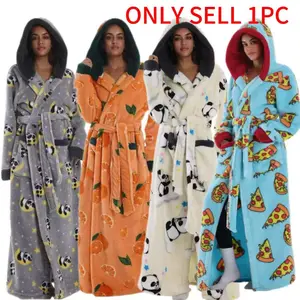 Elegant Thick Coral Fleece Bathrobe, Long Warm Robe for Fall Winter, with Pockets and Belt, Hooded Design, Classic Color