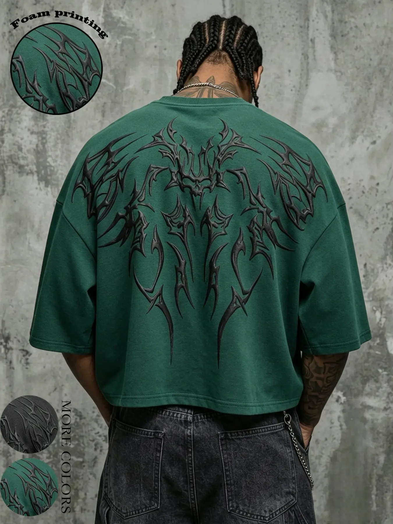 Unisex Summer Dark Green Back Thorn Skull Foam Print Cropped T-Shirt, American High Street Streetwear Casual Oversized Loose Baggy Crew Neck Short Sleeve Top