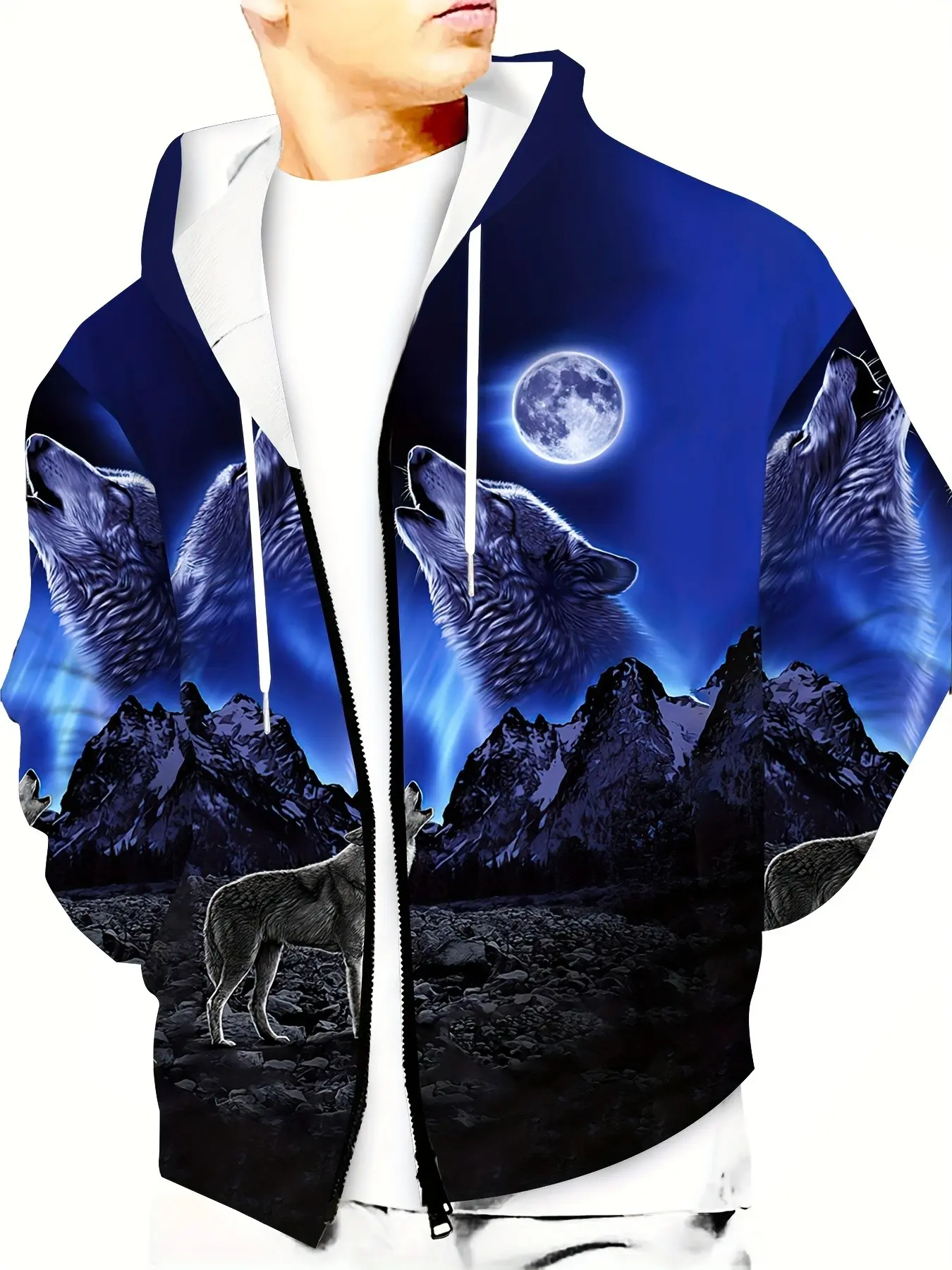Men's Full Print Zipper Hooded Jacket, Moonlit Mountain Wolf Design, Loose Fit Casual Sweatshirt, Casual Streetwear Hoodies, All Seasons Outerwear