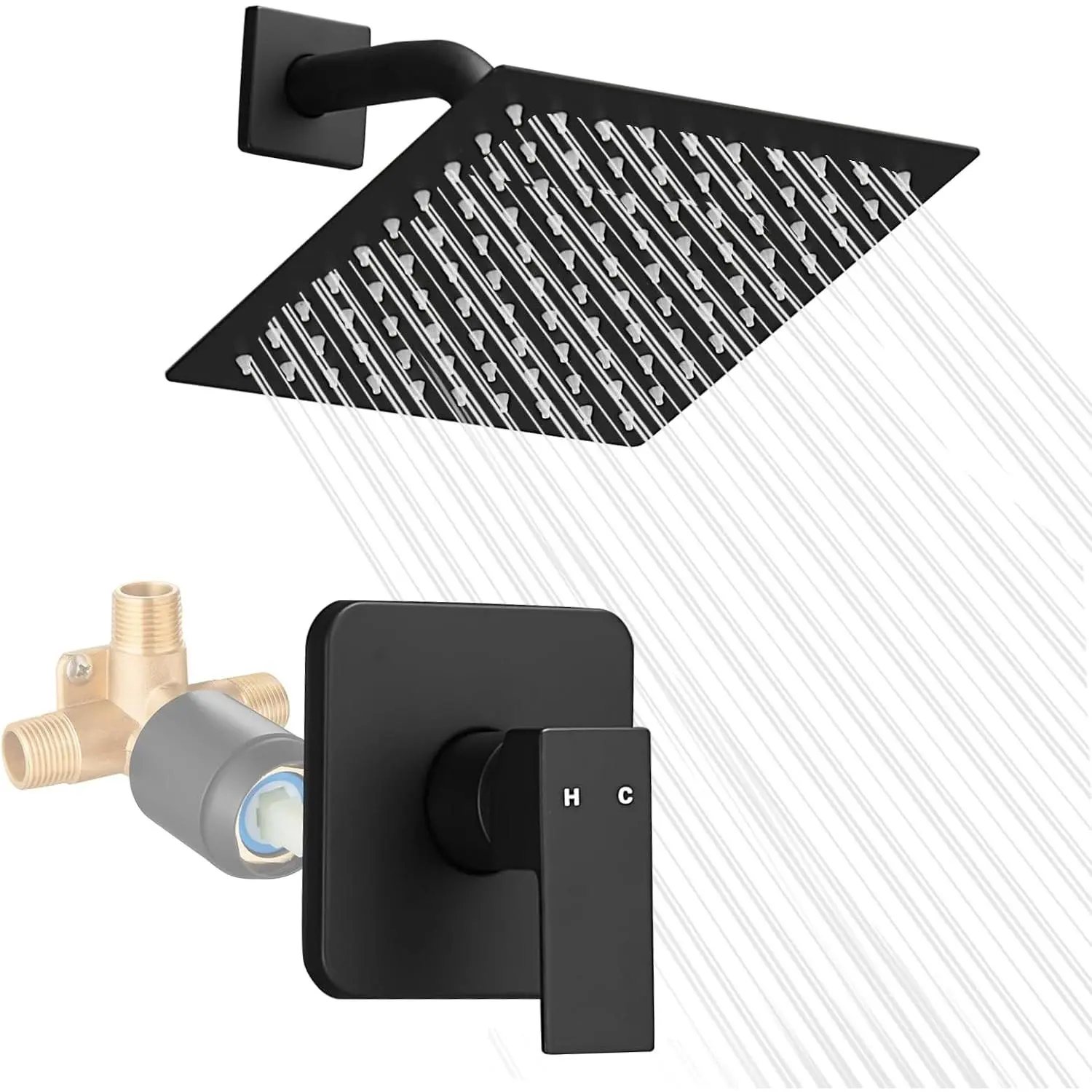 Black Shower  And Faucet Set Complete With Valve Shower Fixtures With 8 Inch High  Rain Shower  Trim kit Regaderas Para bBaño Modernas