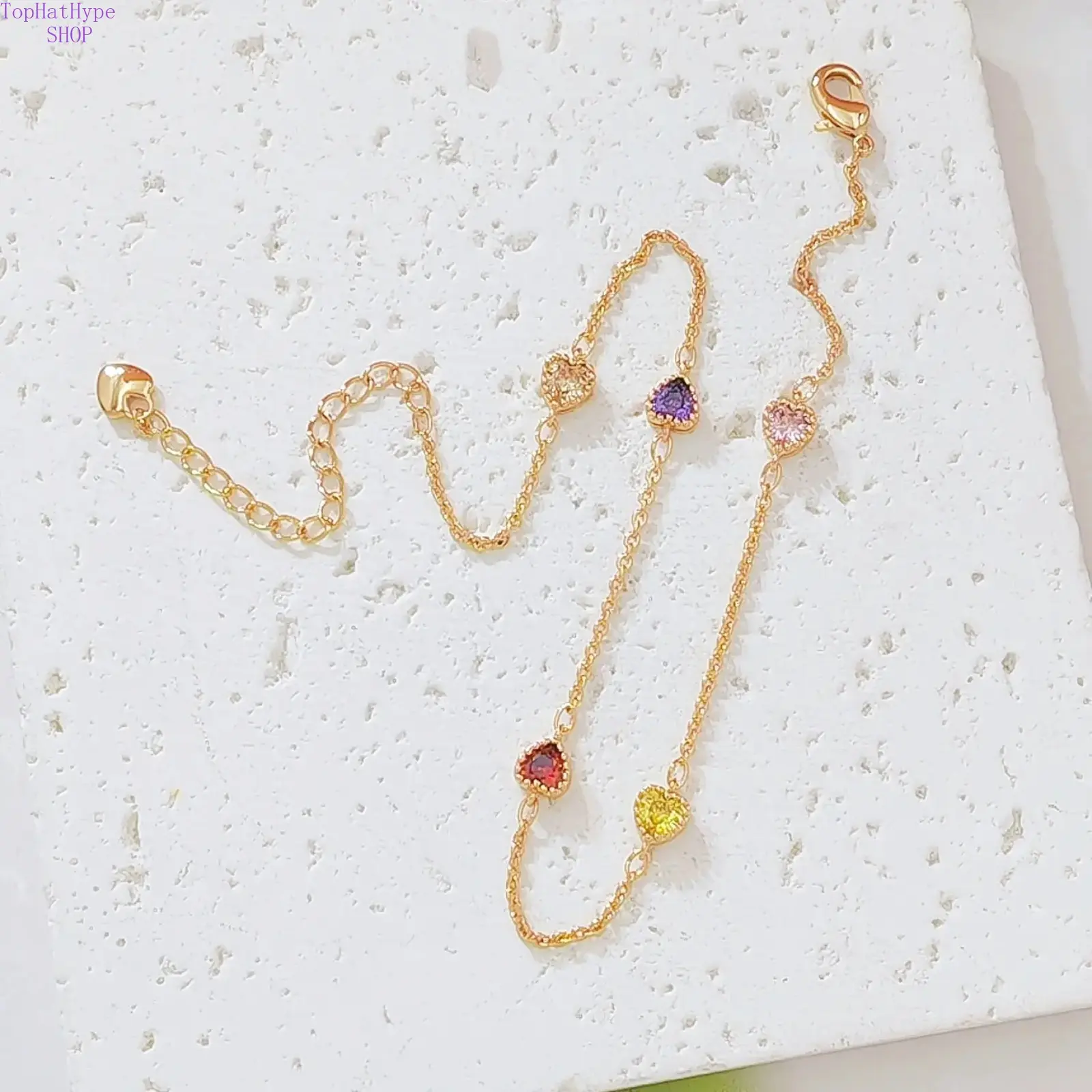 Women's Gold Rose Gold Plated Rainbow Multi Colored Heart Cubic Zirconia Ankle Bracelet, Dainty Station Heart Gemstone Anklet with Heart Charm Extension Chain, Minimalist Bohemian Summer Foot Accessory Jewelry Gift