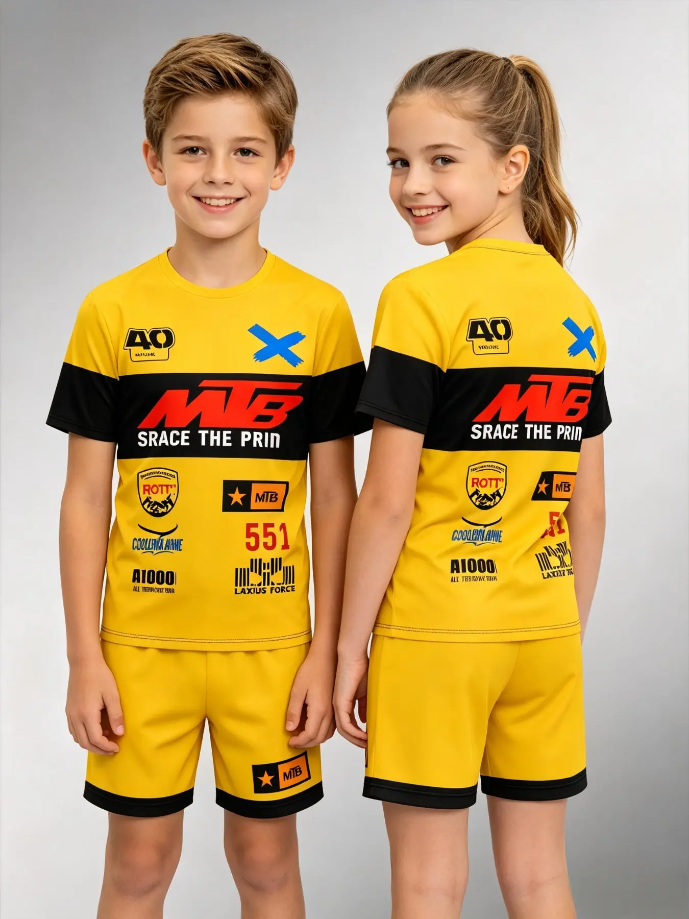 MTB Off-Road Racing Badge Two-Piece Set, Block Short Sleeve Top + Matching Gym Shorts, Boys' Mountain Bike