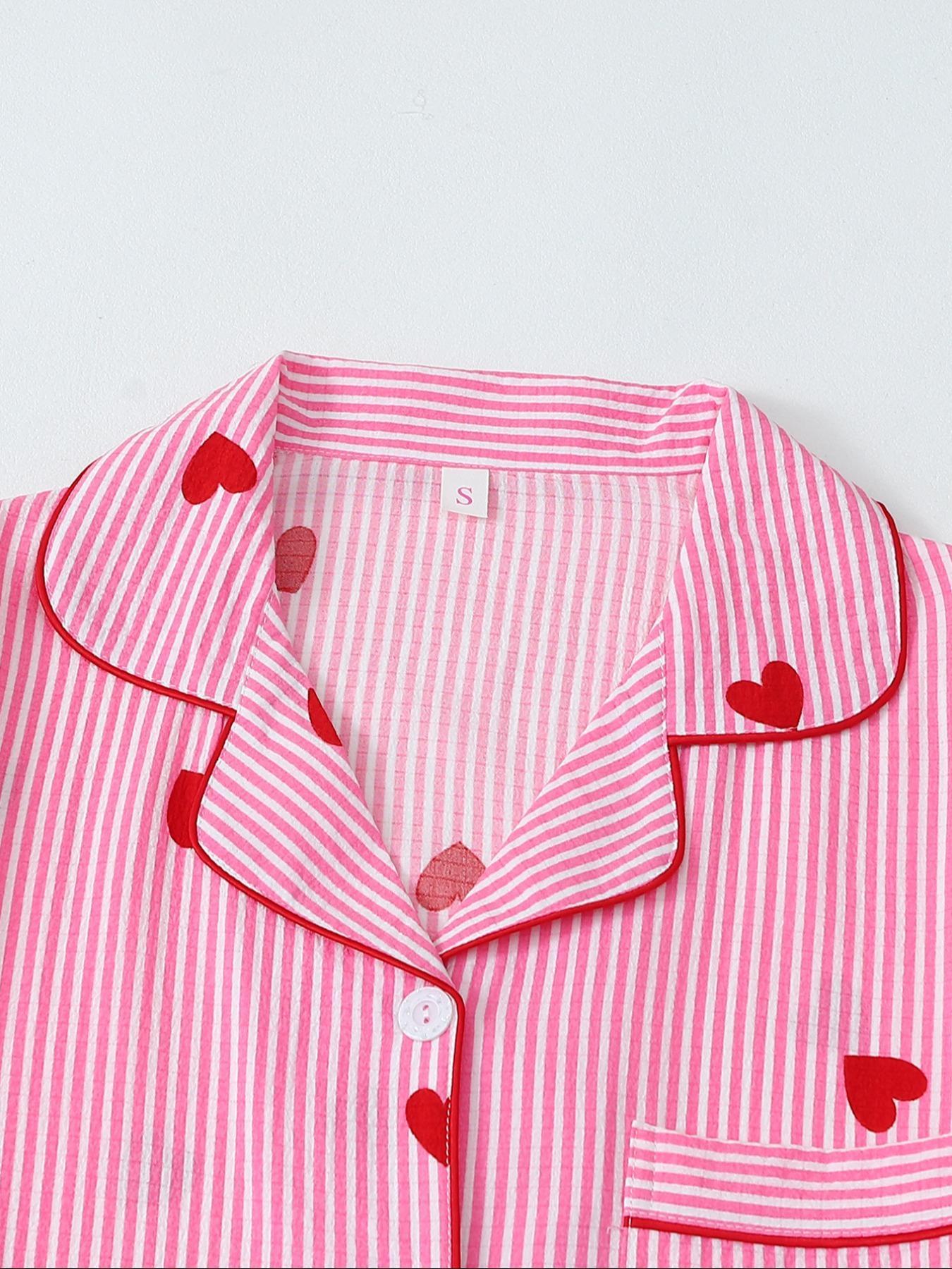 Women's Heart Print Short Sleeve Pajama, Casual Comfy Striped Print Lapel Neck Pocket Shirt & Pants PJ Set, Ladies Sleepwear for All Seasons, Loungewear, Pajamas Lounge Set