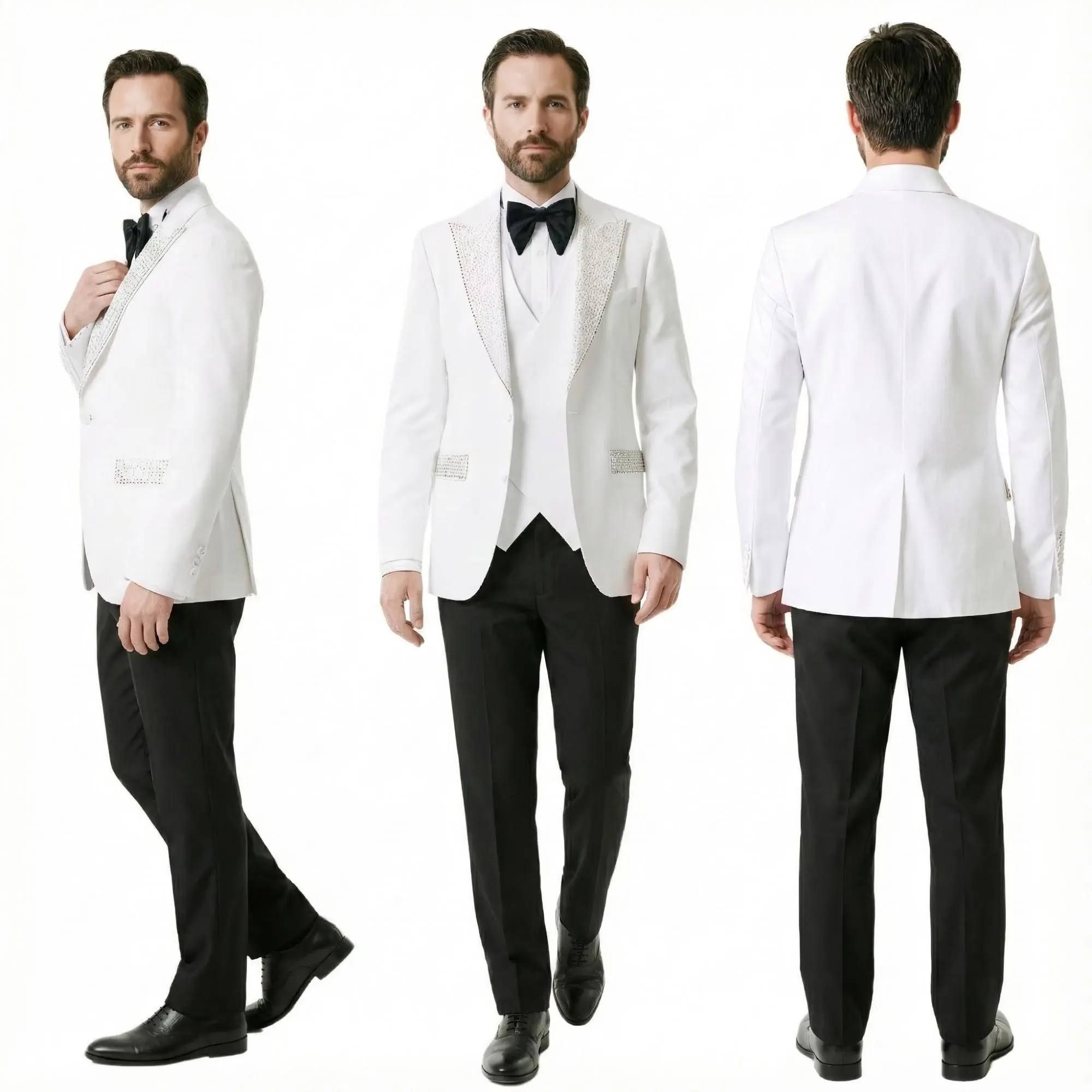 Men's 3-Piece Slim Fit Rhinestone-Embellished Tuxedo Set, Classic Notched Lapel Long Sleeve Blazer, Menswear for Graduation, Cocktail Nights, Polyester, Rhinestones, Basics, Elegant, Matching, Trouser, Smooth, Soft, Plain, Pants, Vest, Breathable, Evening