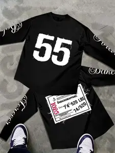Men's Big Number 55 Graphic Long Sleeve Tee & Shorts 2 Piece Outfit, Vintage Cursive Print Streetwear Matching Set #tiktokmademebuyit