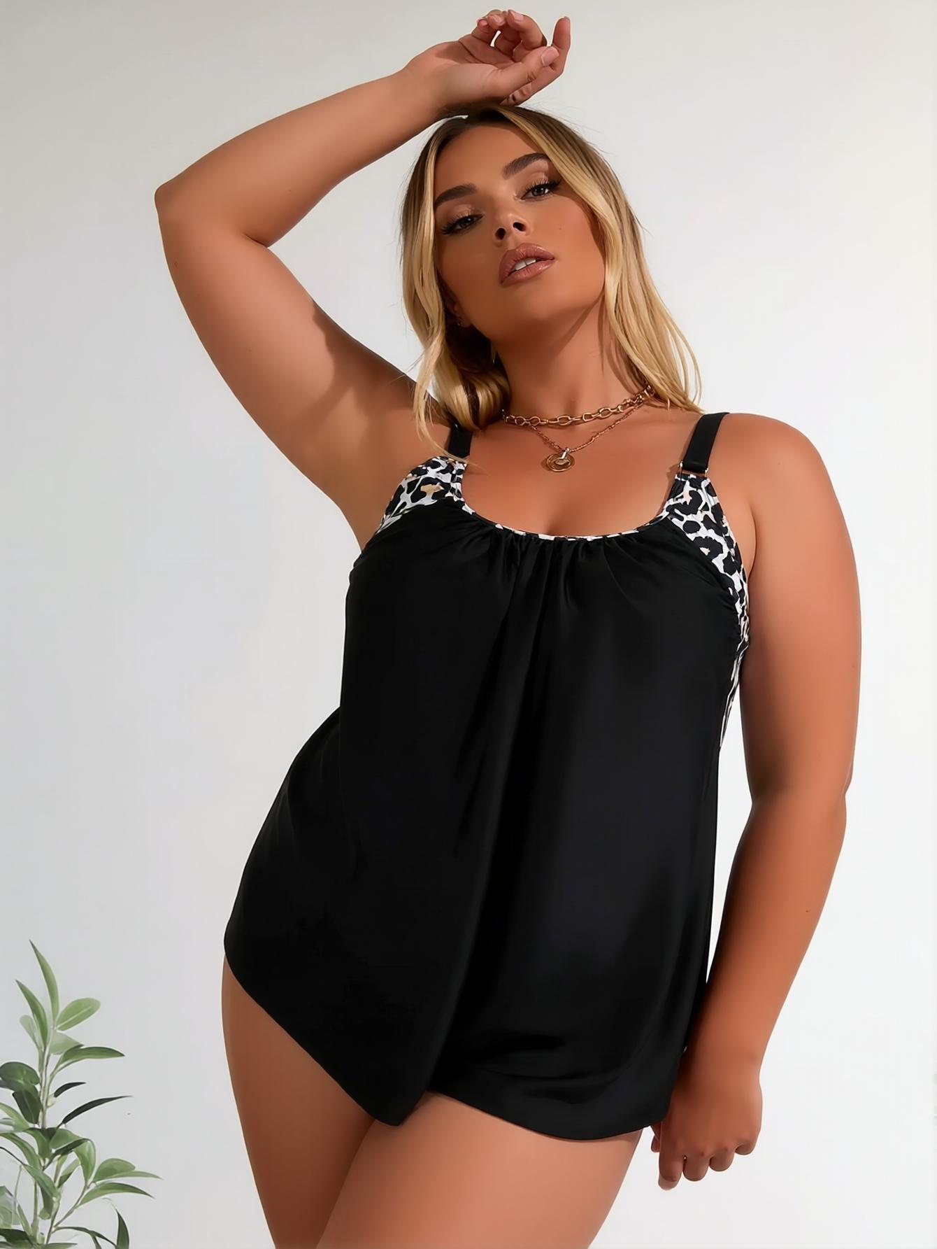 2026 summer plus-size black leopard print tankini set with a loose top featuring a ruched U-neck and adjustable straps, suitable for beach vacations and pool parties