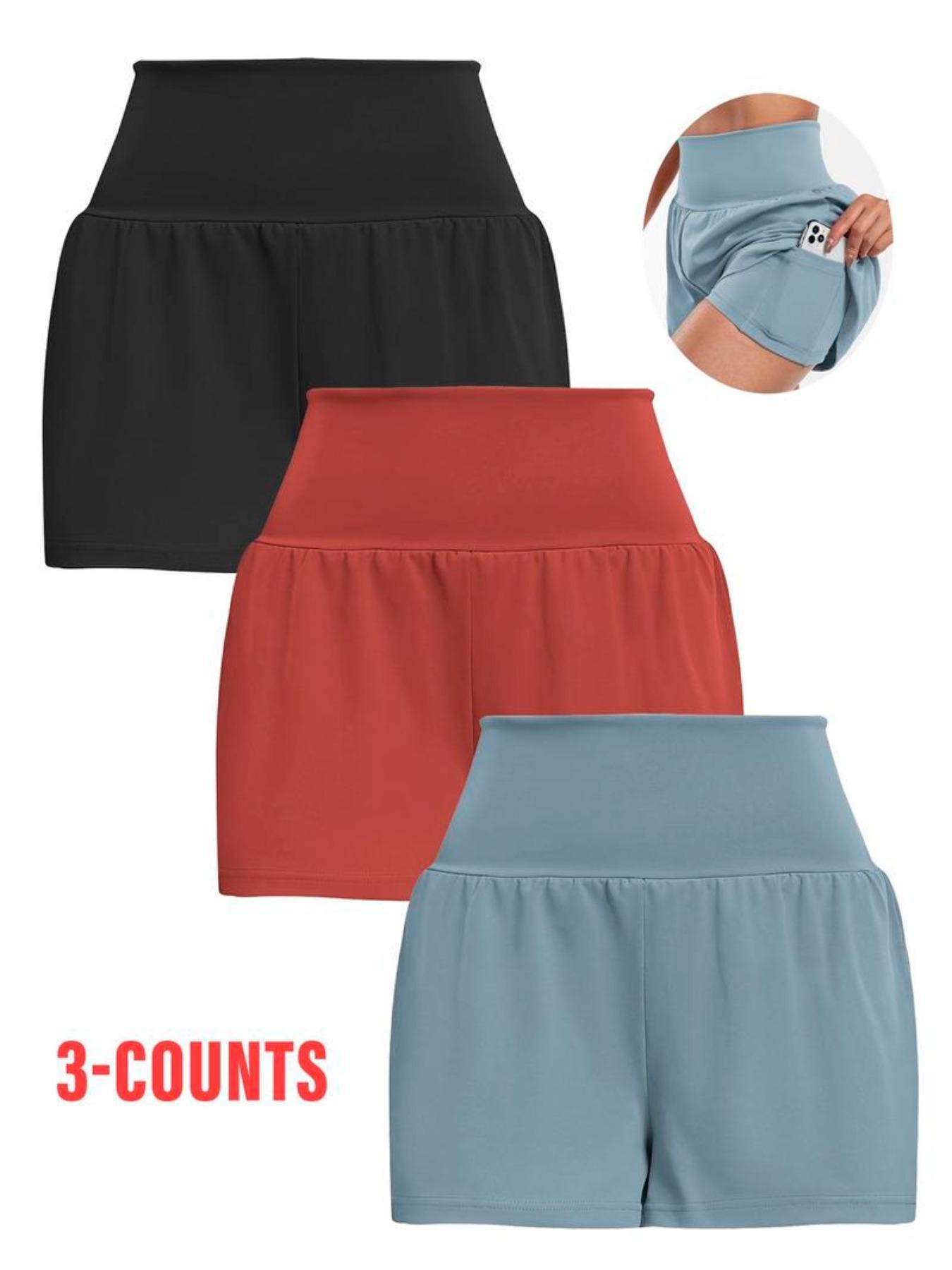 Women's Solid Color Pocket Sports Shorts, Comfy Breathable 2 in 1 Shorts for Yoga Gym Workout Running, Ladies Sportswear for All Seasons