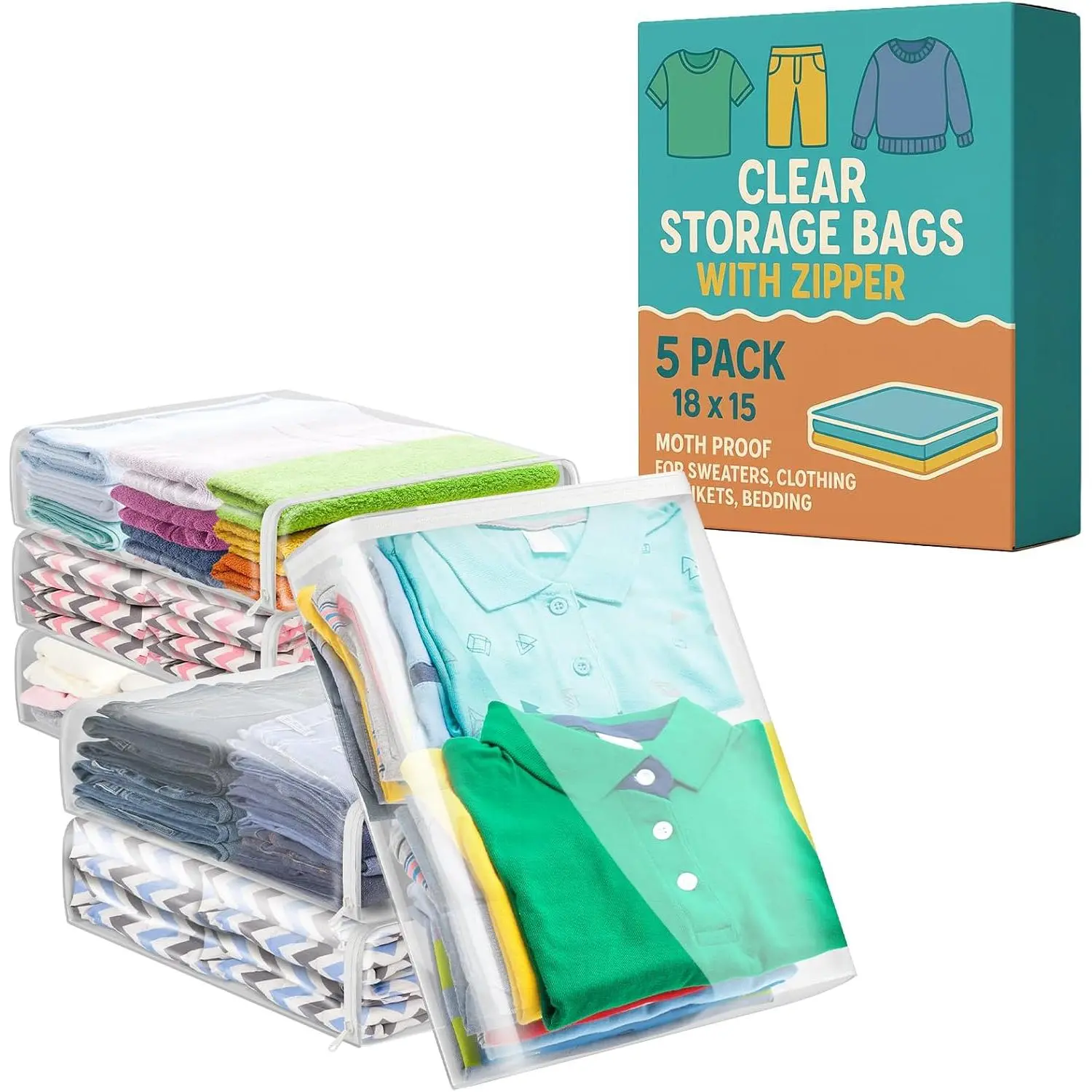 Sweater Bags Moth Proof, Clothing Storage Bags, with Zipper, Sweater Storage, Clear Zippered Organizers, Clothes, Blanket, Linen, Bedding, Quilt, Vinyl Plastic Protectors, 18x15x4”, 5 Pack.