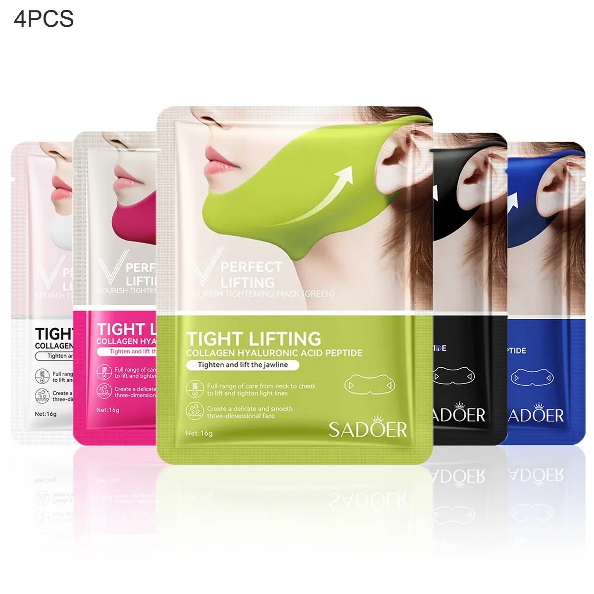 Collagen peptide V-shaped lifting and firming mask, 4PCS, collagen, soothing and cooling, firming, smoothing and hydrating, jawline lifting care, Korean skincare product, face mask collagen, Beauty Products.