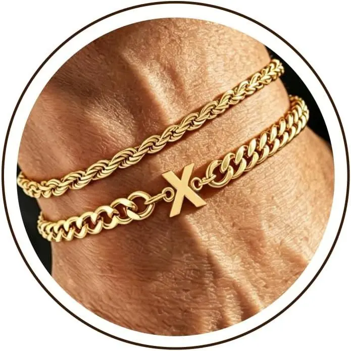 Initial Bracelet for Men Gold Cuban Chain Bracelet 26 Letters A-Z Adjustable Stainless Steel Twist Rope Bracelets Stylish Non Tarnish Mens Jewelry Gifts