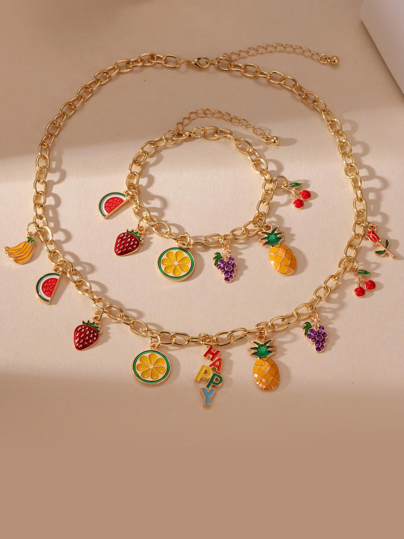 Women's Fruit Necklace Bracelet Set, Watermelon Strawberry Cherry Design, Elegant Summer Jewelry Accessories for Women & Girls