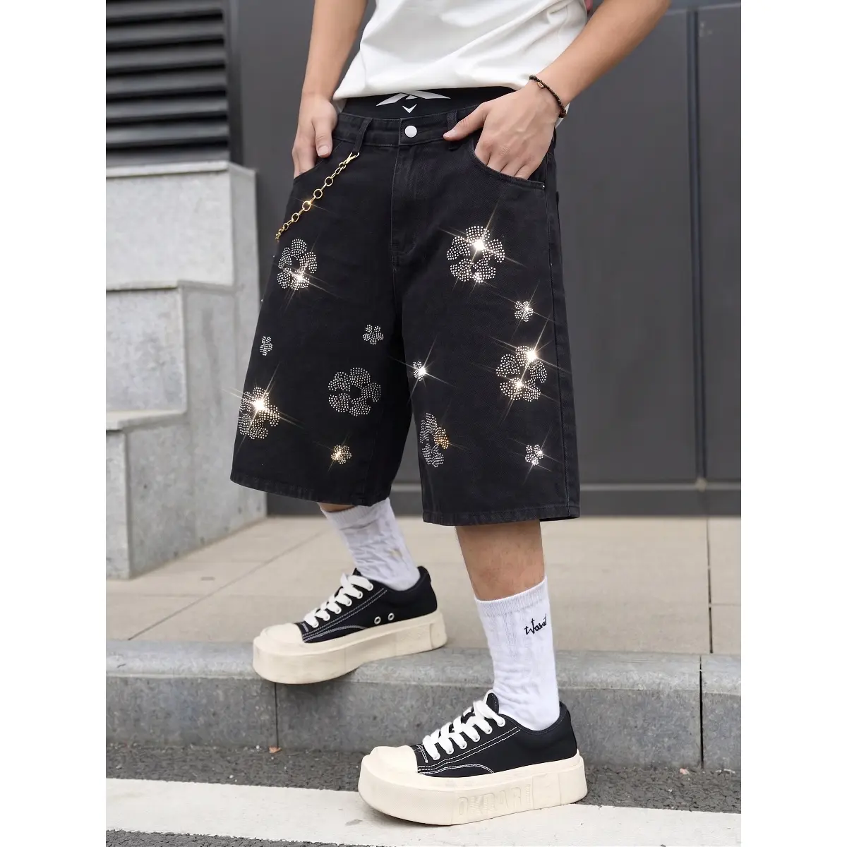 Men's Black Baggy Denim Jean Shorts Washed Loose Fit Wide Leg Casual Streetwear Hip Hop Y2K Fashion Vintage Denim Pants Regular Waist Comfort Classic Skater Shorts Dark Washed Jeans Distressed Style Summer Casual Outdoor Everyday Wear