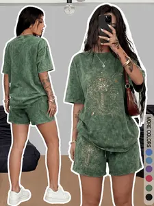 Set Casual featuring a washed, distressed texture and an elaborate leopard print with hot-fix rhinestones; durable and built for frequent daily wear—suitable for both lounging at home and commuting.