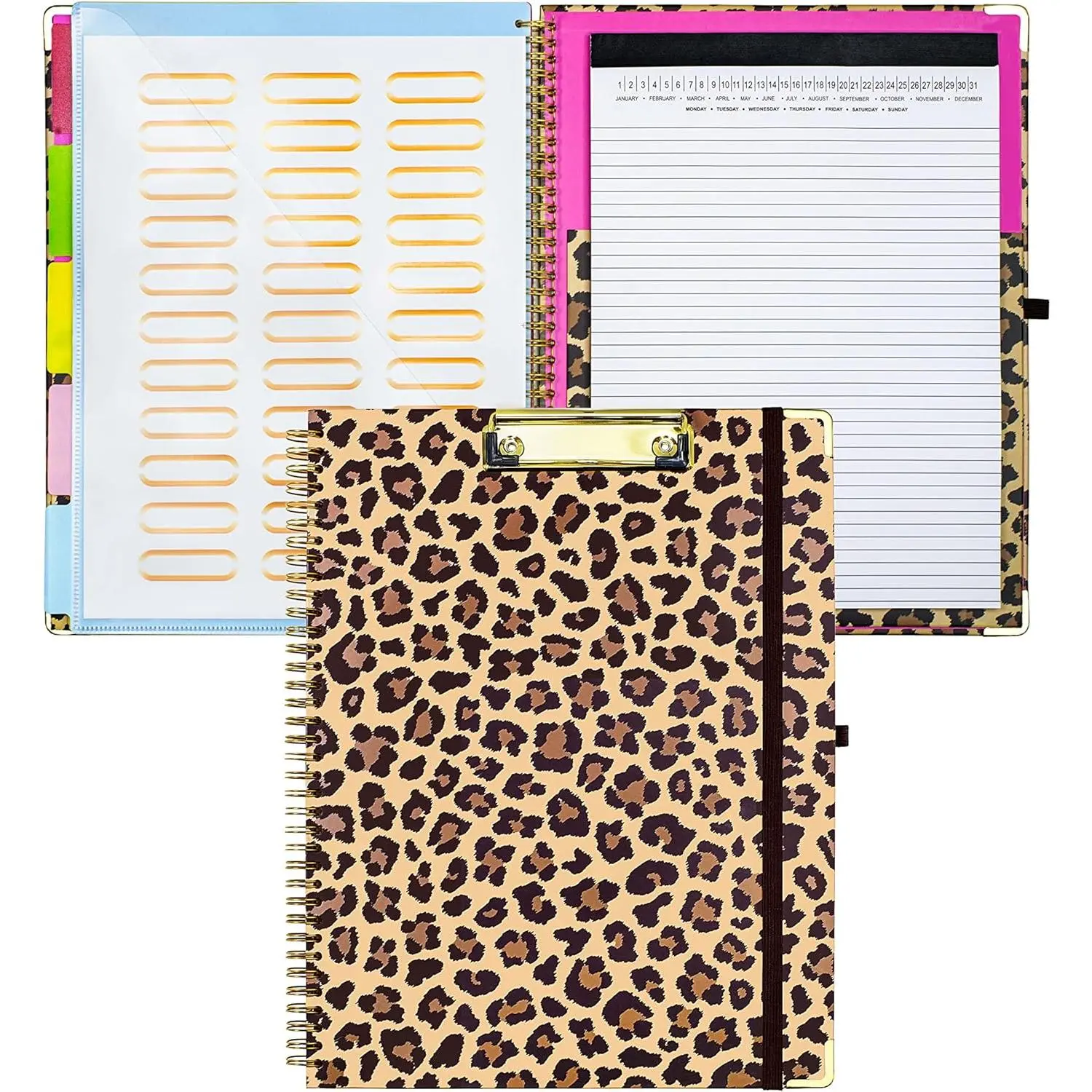 Clipboard with Storage, Clipboards Folio with Refillable 11"x8.5" Legal Pads,5 Extra Folders with Storage 10 Pockets for Documents, Portfolio Binder with Pen Holder for Men Women (Leopard)