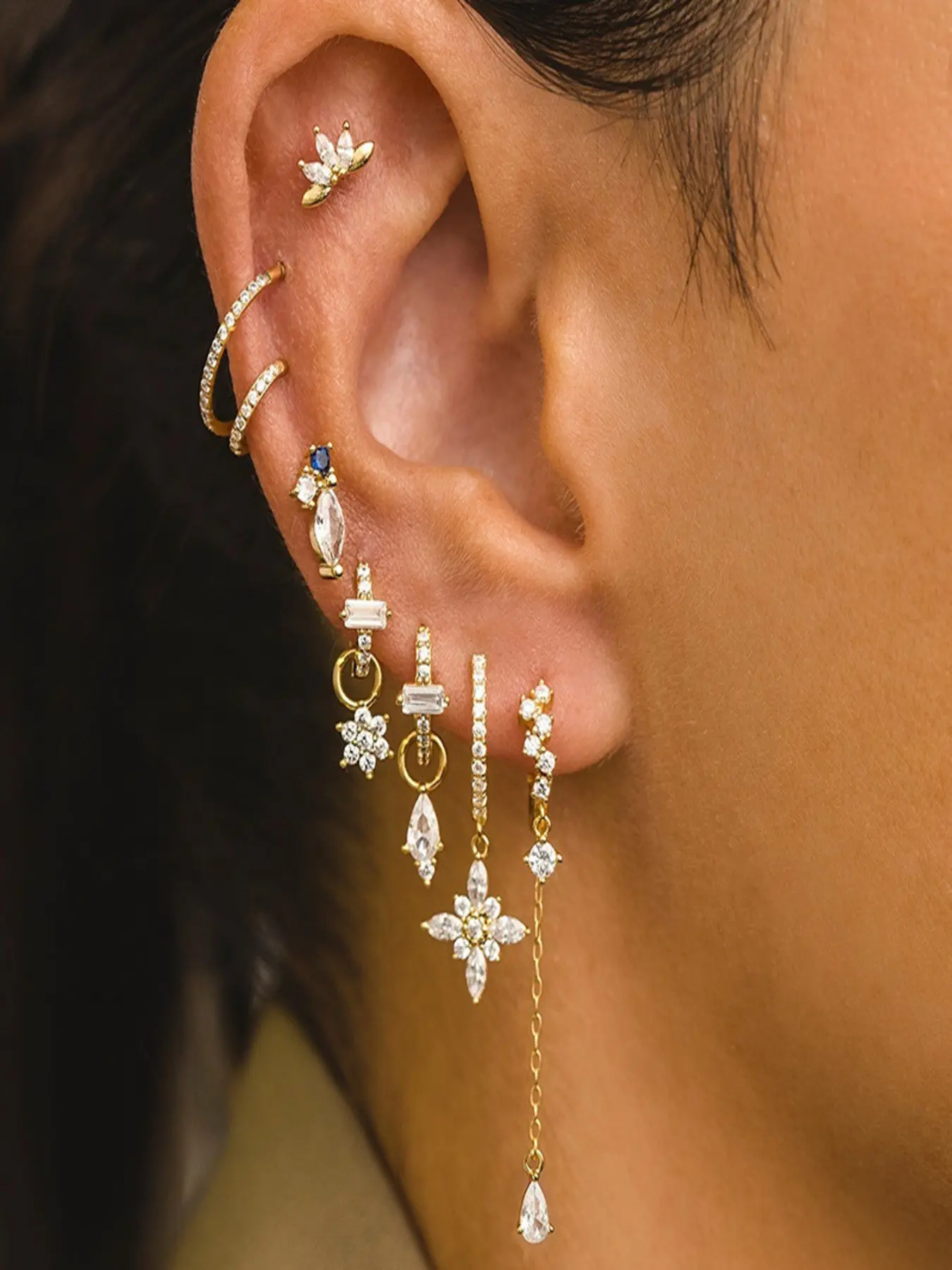 Dainty Stackable Crystal Hoop Earring Set, Gold Floral Drop Dangle Earrings & Ear Cuffs Multi Piercing Jewelry for Women Ear Hoops