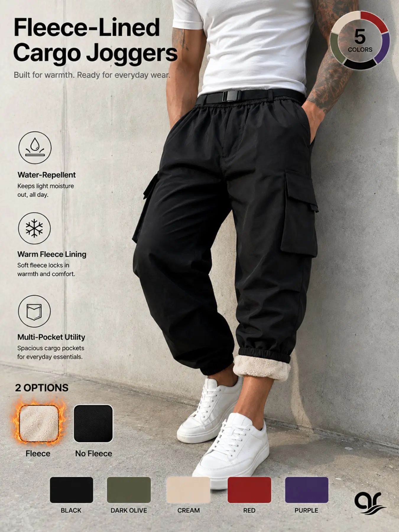 AR Men's Fleece-Lined Cargo Joggers, Water-Repellent Multi-Pocket Utility Pants with Adjustable Belt, Relaxed Cuffed Fit for Winter Hiking, Training & Daily Wear
