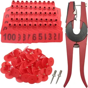 Cattle Ear Tags 001-100 Number Plastic Livestock Animal Tag for Cows Ear Tag Applicator Kit (001-100, Red)