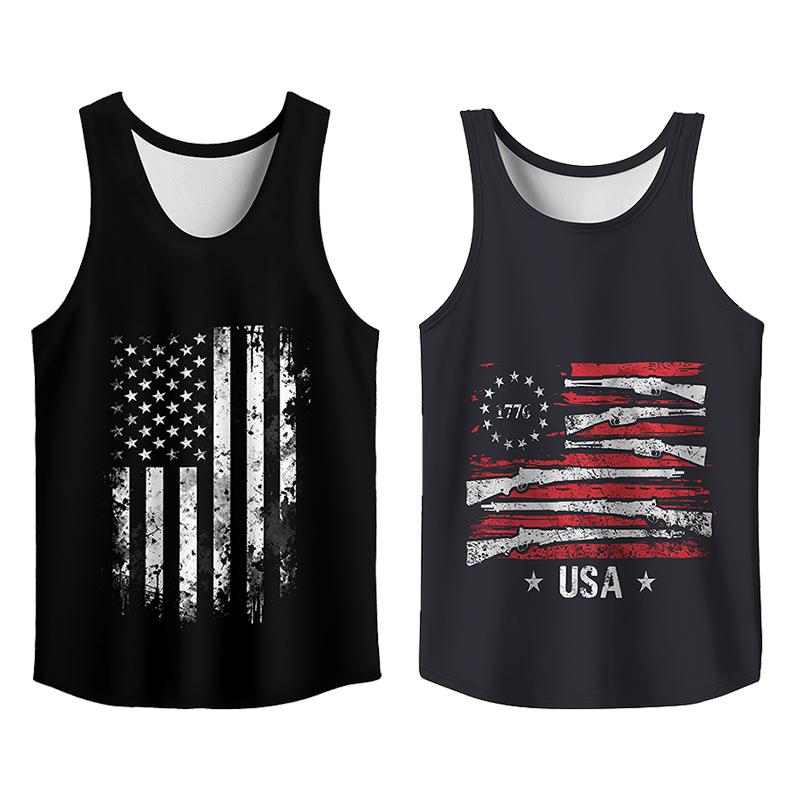 Y2K 2 Pack USA Flag Graphic Tees, Menswear Tank Top Slim Fit Apparel, Big and Tall Gym Workout Running Tee, Comfy Casual Sleeveless