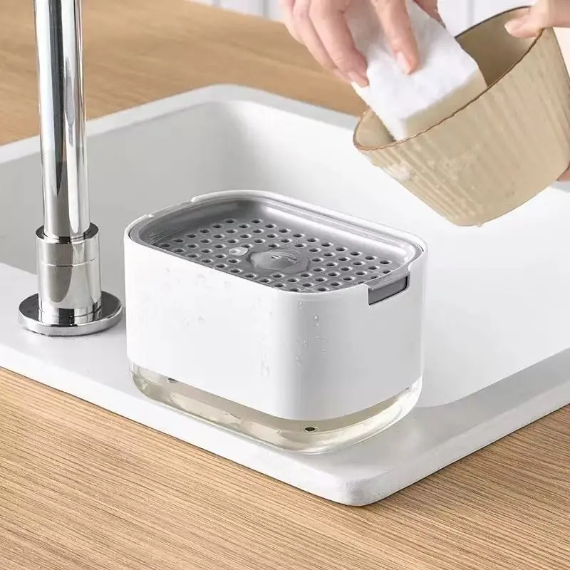 Manual Kitchen Sink Foaming Soap Dispenser with Sponge Holder, Press Pump Foam Maker for Dish Washing, Non-Electric Easy Tabletop Cleaning Tool, Soap Container