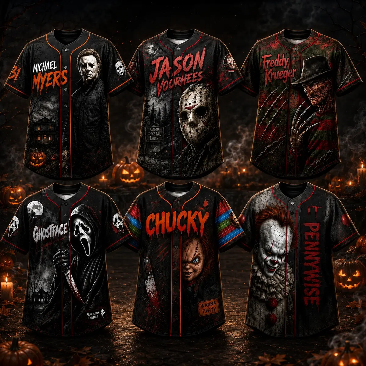 Horror Slasher Baseball Jersey, Classic Horror Movie Characters Shirt, Spooky Squad Halloween Uniform, Halloween party costumes, Halloween Gifts