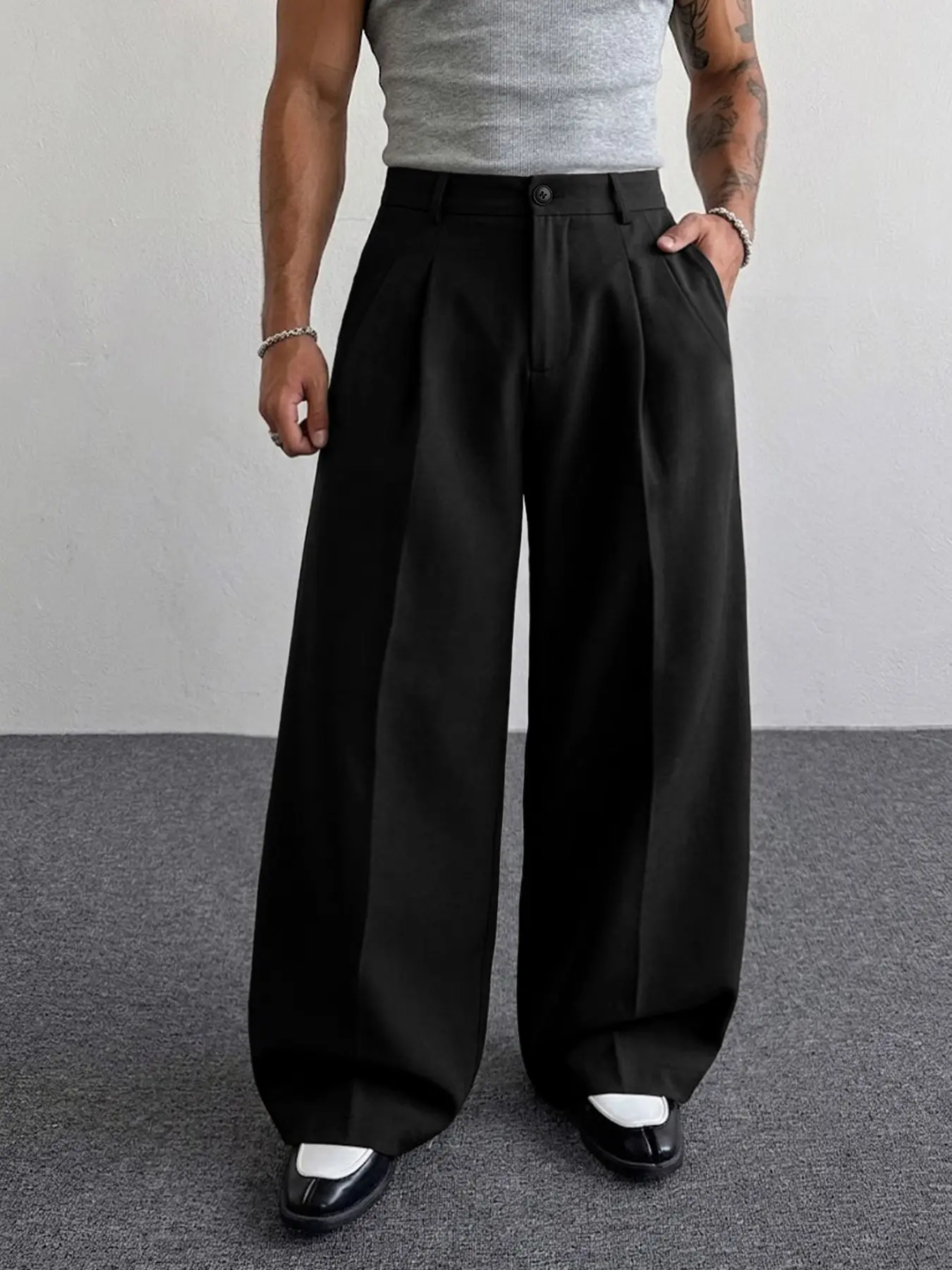 Men's Summer Suit Pants Old Money Loose Fit, Oversized Wide Leg Pants Fall Winter Flat Front Business Trousers With Pocket Casual Plain Solid Color Soft Elastic Waist Bottoms Office Daily Life Work Time Date Brunch Home Work Fashion Formal Outfits