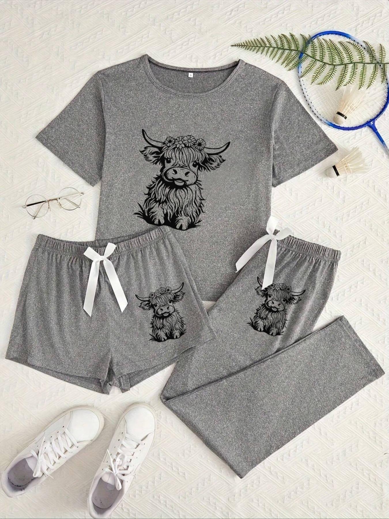 Women's Cow Print Round Neck Short Sleeve Tee & Shorts & Pants Pyjama Set, Pajamas, Casual Comfy Ladies Sleepwear for All Seasons