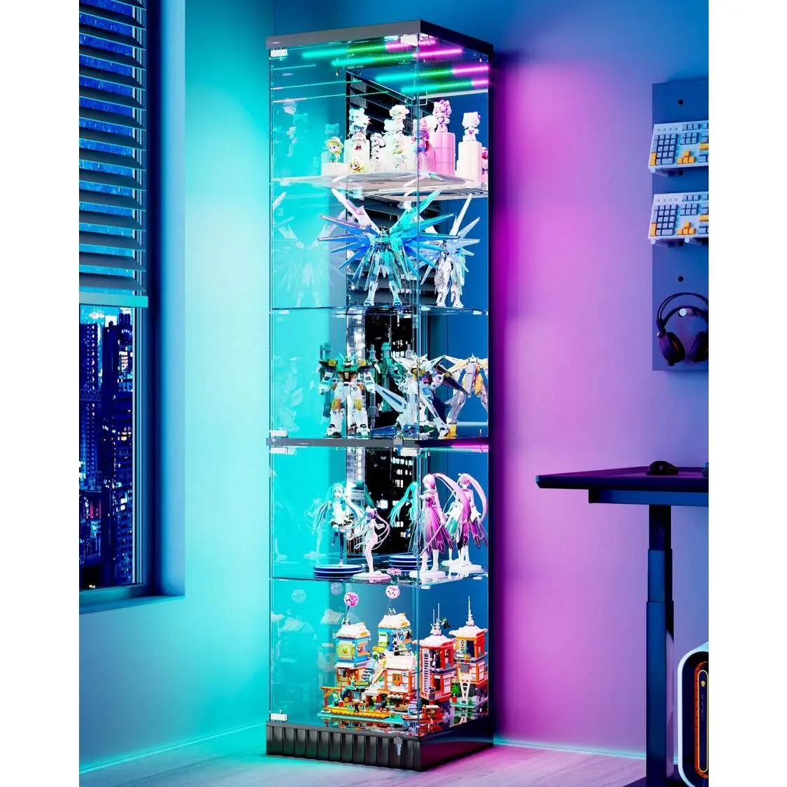 Lvifur 67''Corner Curio Cabinet - With Glass Door, Lockable Glass Display Cabinet With Motion Sensor Light, 5-Tier Figure Display Case With Removable Glass Shelf Collectibles,Black