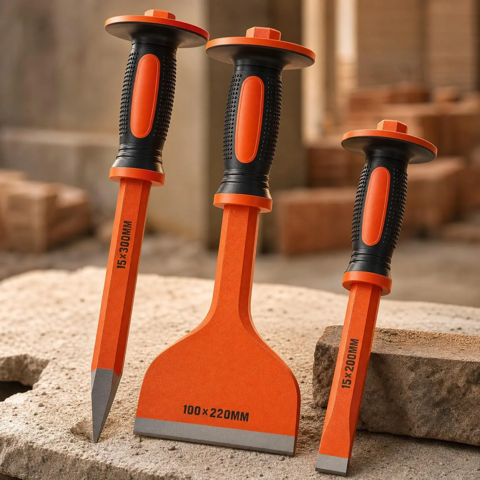 3Pcs Heavy Duty Masonry Chisel Set with Hand Guard Concrete Chisel Tools Including 12 Inch Point 12 Inch Flat, 8.5 Inch Brick Chisels, for Demolition, Mason, Carving, Concrete