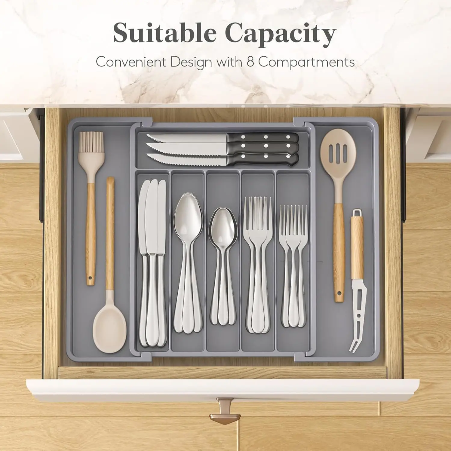 Silverware Drawer Organizer, Expandable Utensil Tray for Kitchen, BPA Free Flatware and Cutlery Holder, Adjustable Plastic Storage for Spoons Forks Knives, 10.9"-17.5" x 13.7", Gray