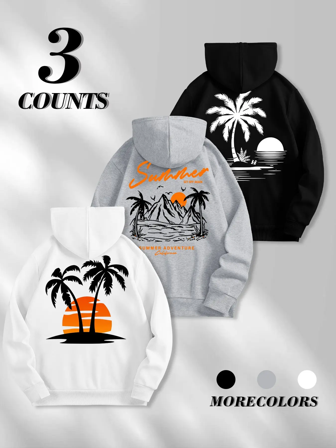 Three-piece summer palm sunset mini print men's hooded pullover hoodie, loose and casual island style pullover shirt