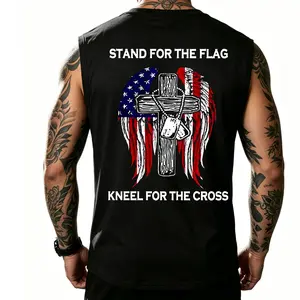 Men's Distressed Vintage Print Tank Top: “Stand for the Flag, Kneel for the Cross” Patriotic Theme Tank Top | American flag and cross design, patriotic Western style, distressed tank top, round-neck sleeveless T-shirt, summer streetwear, holiday gift, eve