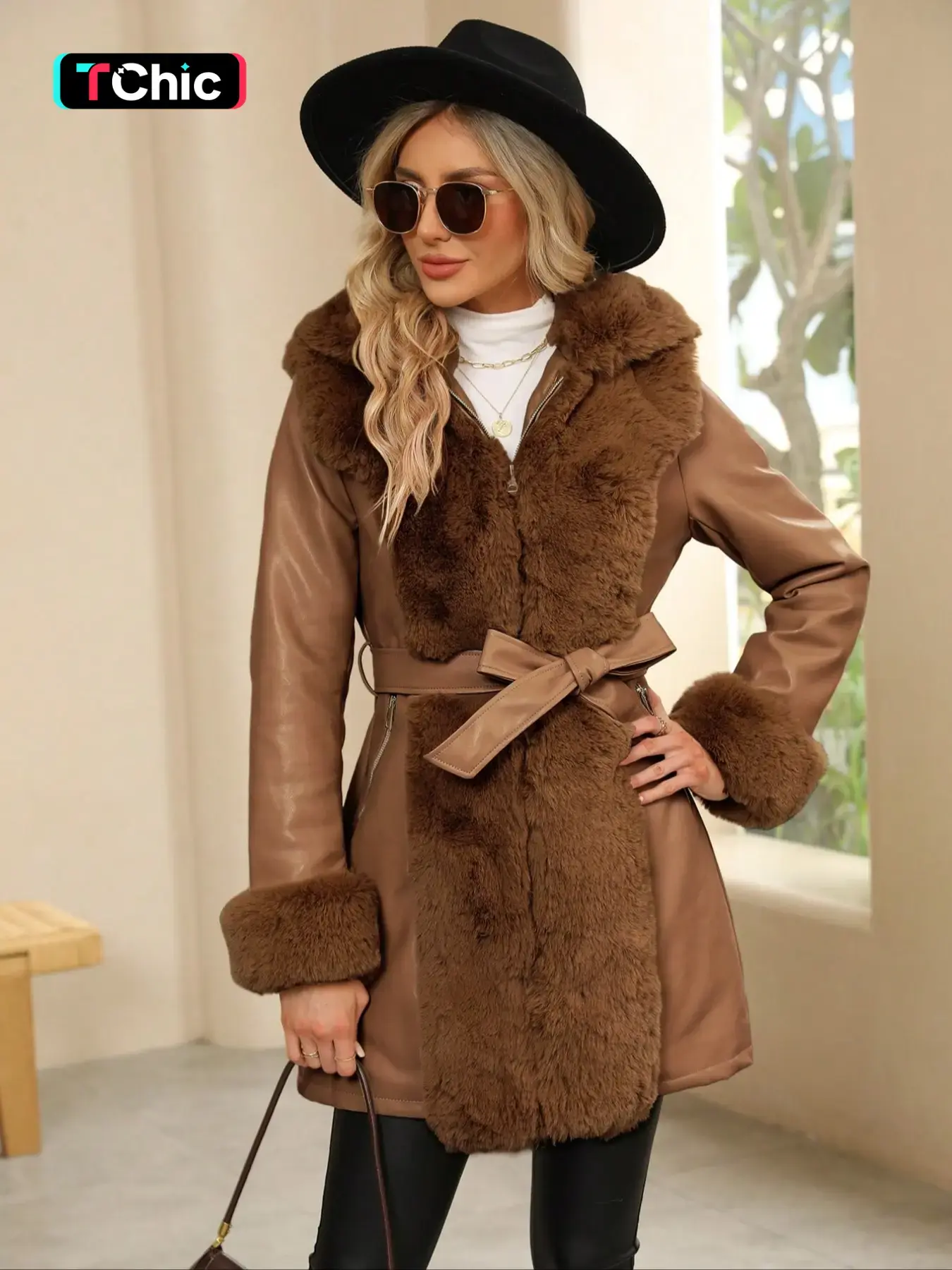 Women's Winter Faux Fur Coat with Belt, PU Patchwork Hooded Jacket, Elegant Casual Warm Waistcoat for Fall & Winter