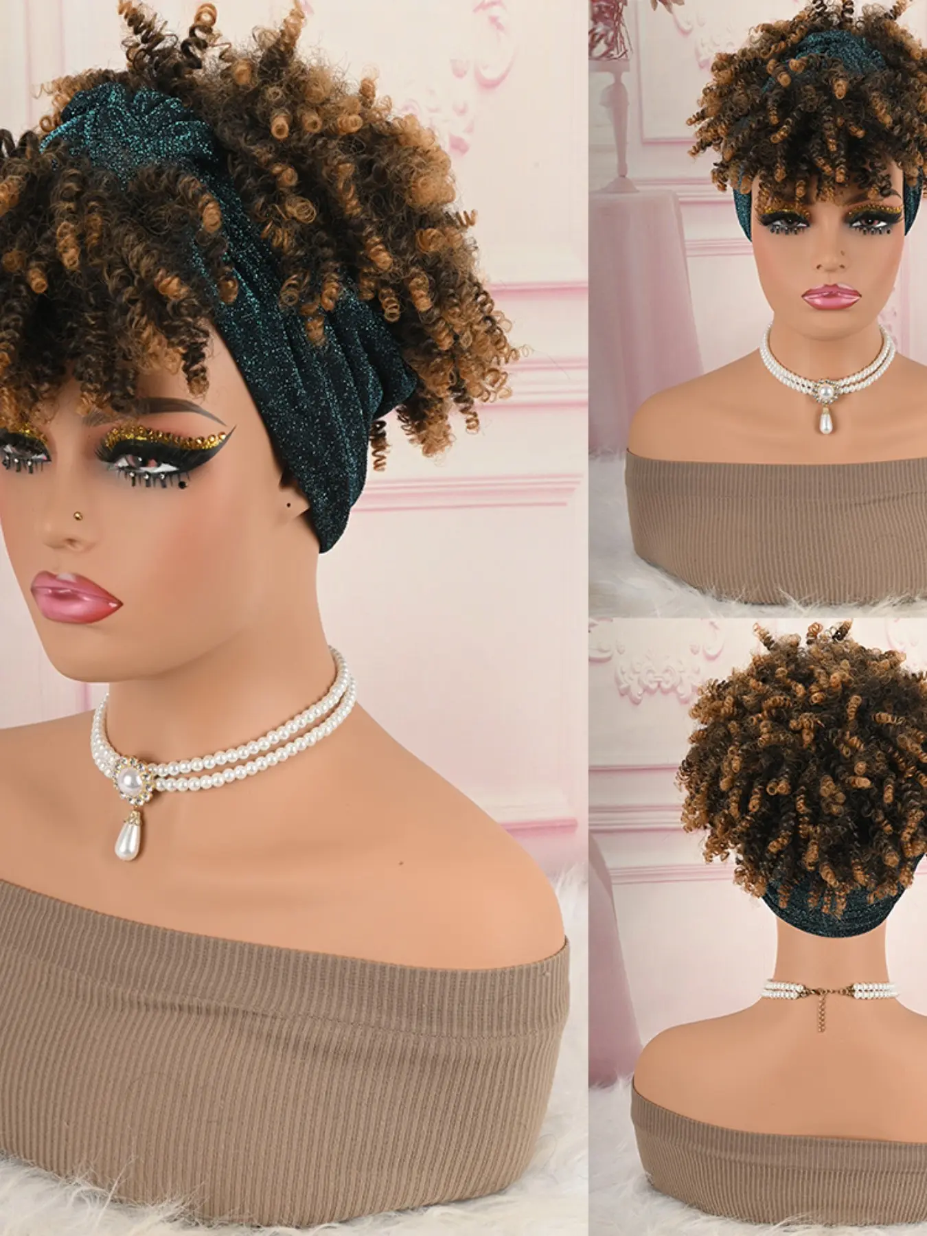 Pre-Attached Glitter Headband Short Tiny Curly Synthetic Wig, with Highlights, Ready to Wear Daily Hairpiece, Synthetic Soft Wigs