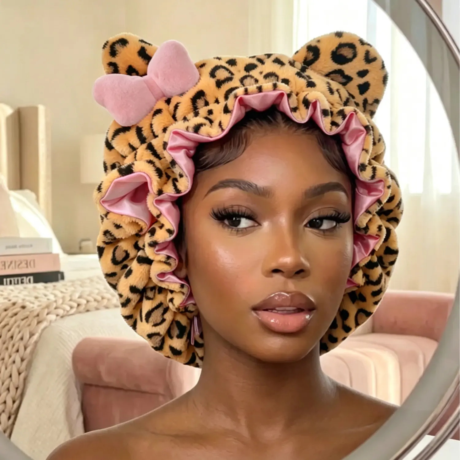Luxury Kitty Teddy Bonnet-Adjustable,Daily Hair Care and Protection with SatinLining & Cute Ears No Frizz All ComfortStylish Curl Protection for Daily Hair Care Durable Halloween hair bonnet,Cute Comfortable Stylish