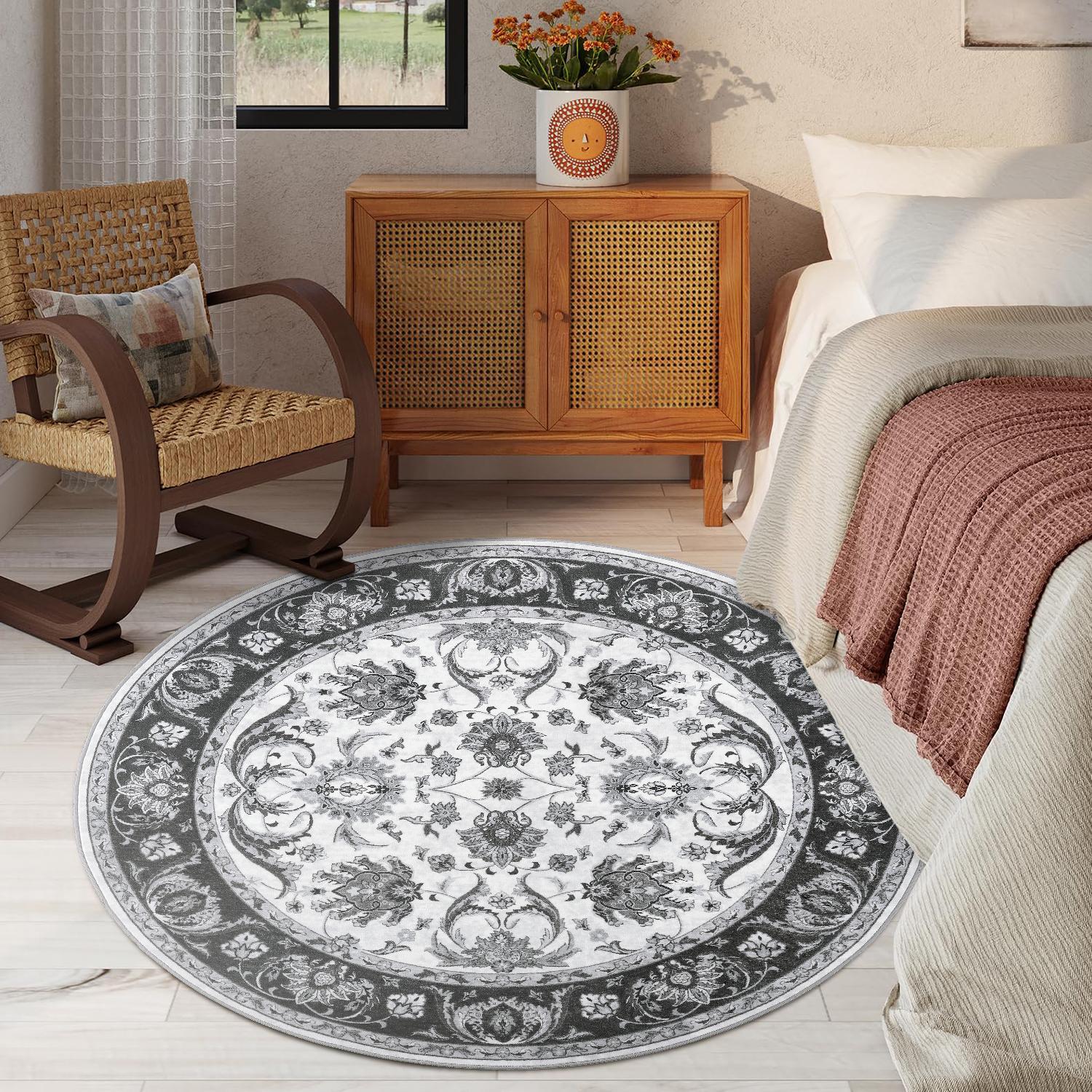 Retro round carpet, non slip low plush round carpet for living rooms and daycare, Bohemian printed indoor carpet