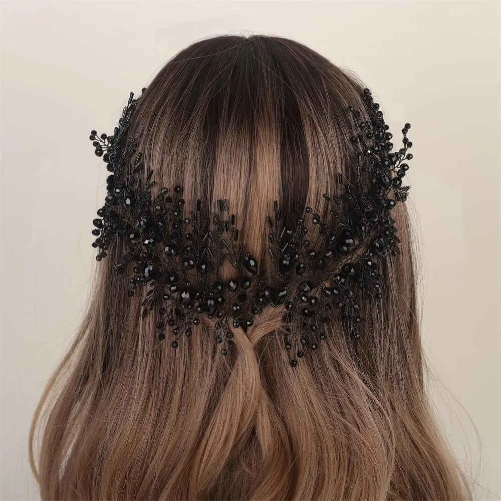 Bridal  Hairband Long Hair Vine  Beaded Headband Wedding Prom Party Festival Fashion Hair Accessory for Women (Black)