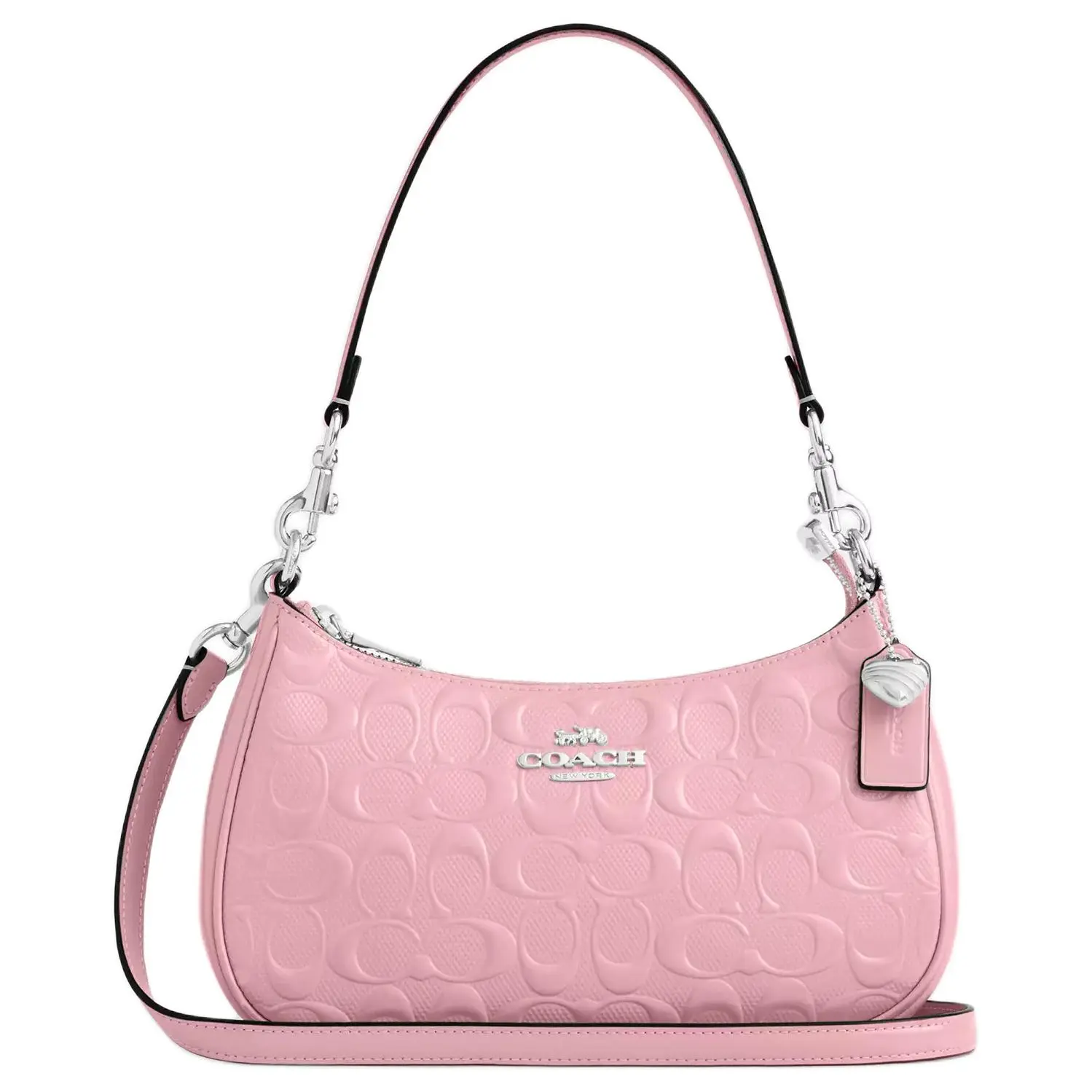 COACH Teri 24 Heart Pendant Crossbody Handbag for Women, Pearlized Patent and Smooth Leather, Pink