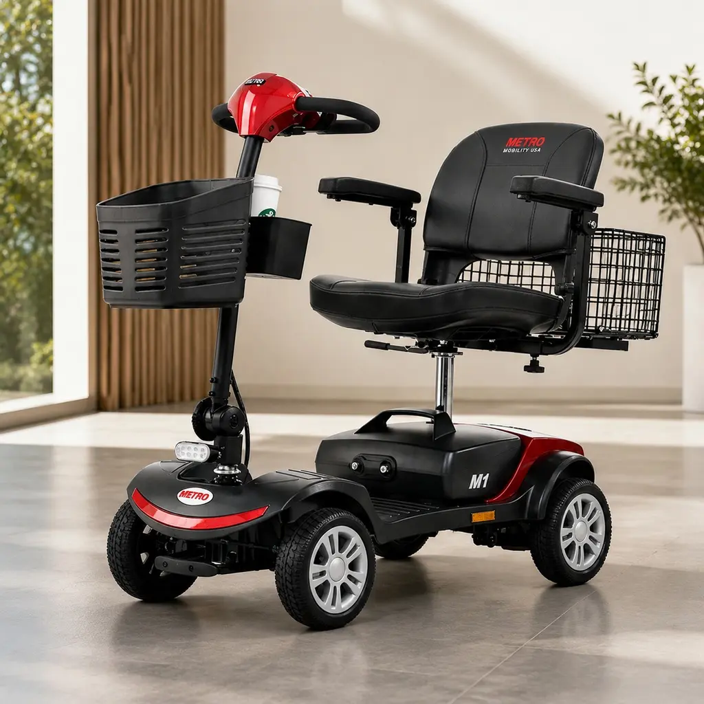 ARCH Compact Travel 4-Wheel Electric Mobility Scooter for Adults, 300W Motor, 300 lbs Capacity, 9" Solid Tires, Rear Suspens., Metal Frame, LED Lights, 360° Swivel Seat, Flip-Up Armrests, Intelligent Brake, Multiple Colors, Everyday Mob., 101-108 lbs, Uni