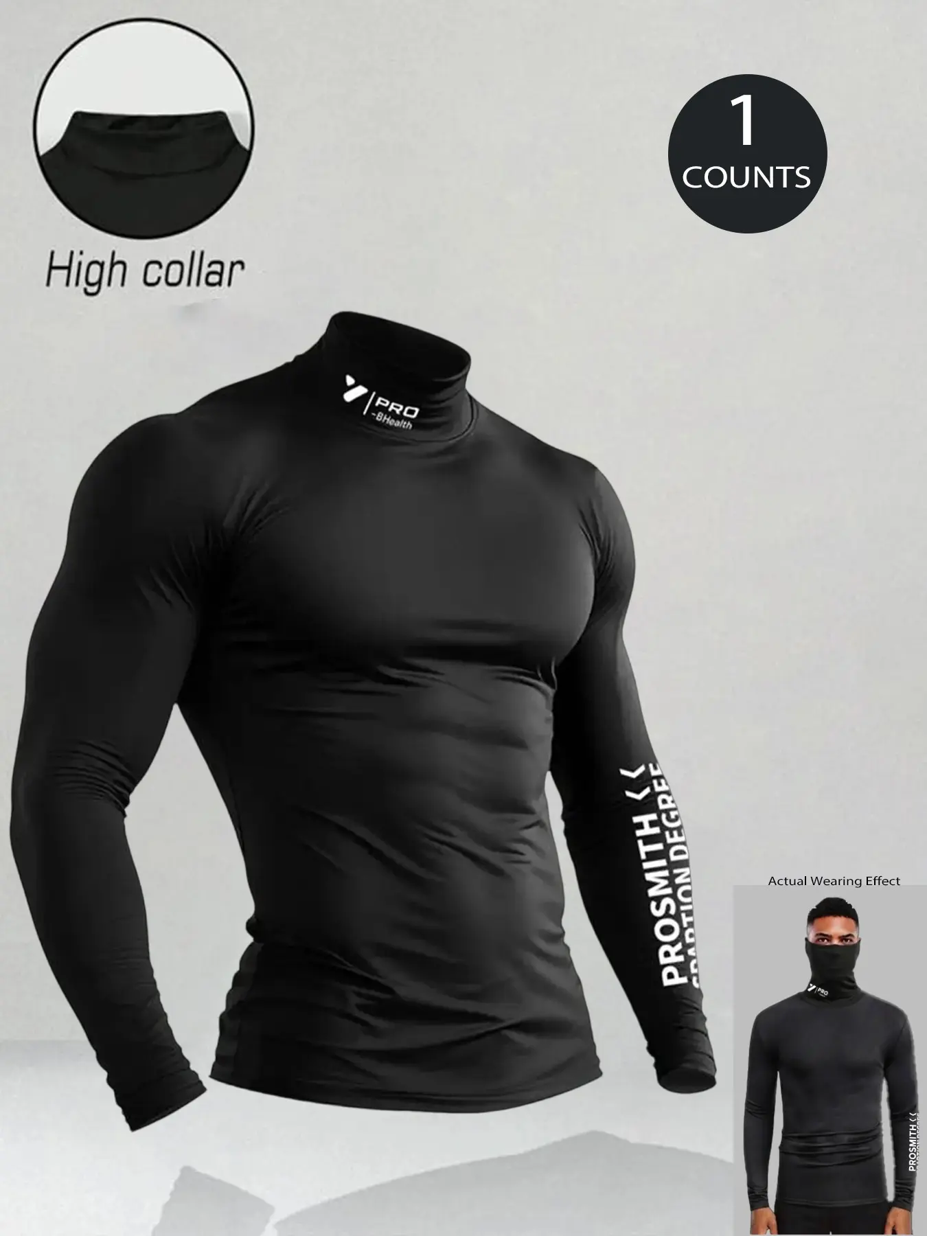 Men's High Neck Long Sleeve Sportswear, Muscle Support, Tight Fit, Elastic and Breathable, Ideal for Fitness, All Seasons, Compression Training Shirt