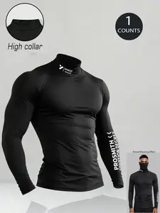 Men's High Neck Long Sleeve Sportswear, Muscle Support, Tight Fit, Elastic and Breathable, Ideal for Fitness, All Seasons