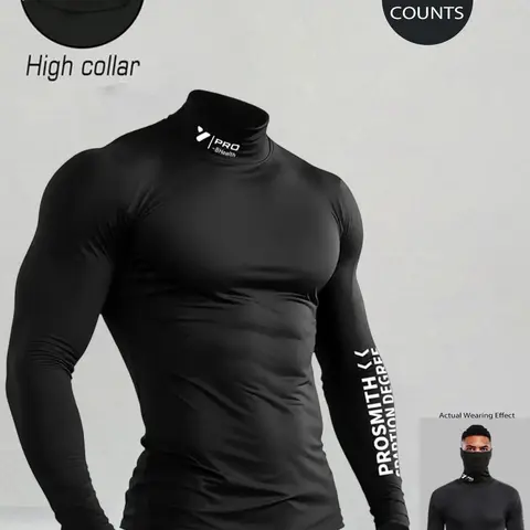 Men's High Neck Long Sleeve Sportswear, Muscle Support, Tight Fit, Elastic and Breathable, Ideal for Fitness, All Seasons, Workout Tops