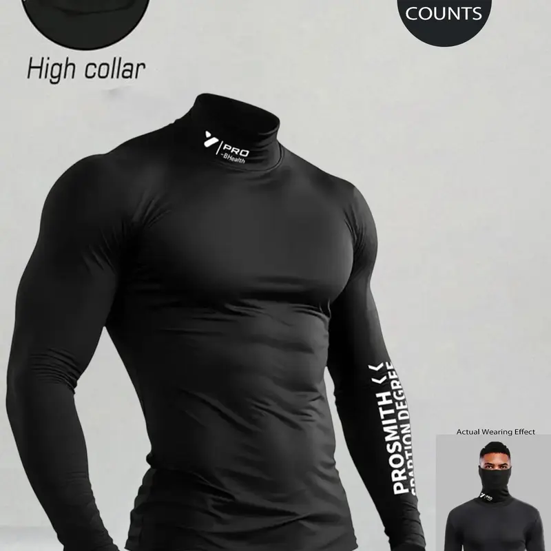 Men's High Neck Long Sleeve Sportswear, Muscle Support, Tight Fit, Elastic and Breathable, Ideal for Fitness, All Seasons, Workout Tops