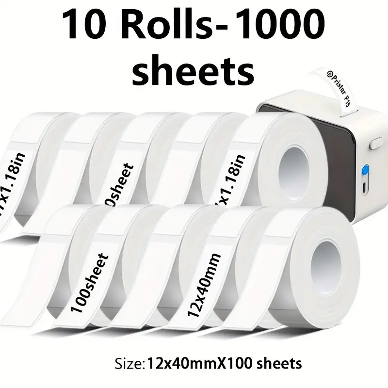 Label 500/1000-Sheet Pack, Labels, 12x40mm, 100 Sheets Per Roll, Oil-Resistant, Scratch-Resistant, Compatible with Portable Printers