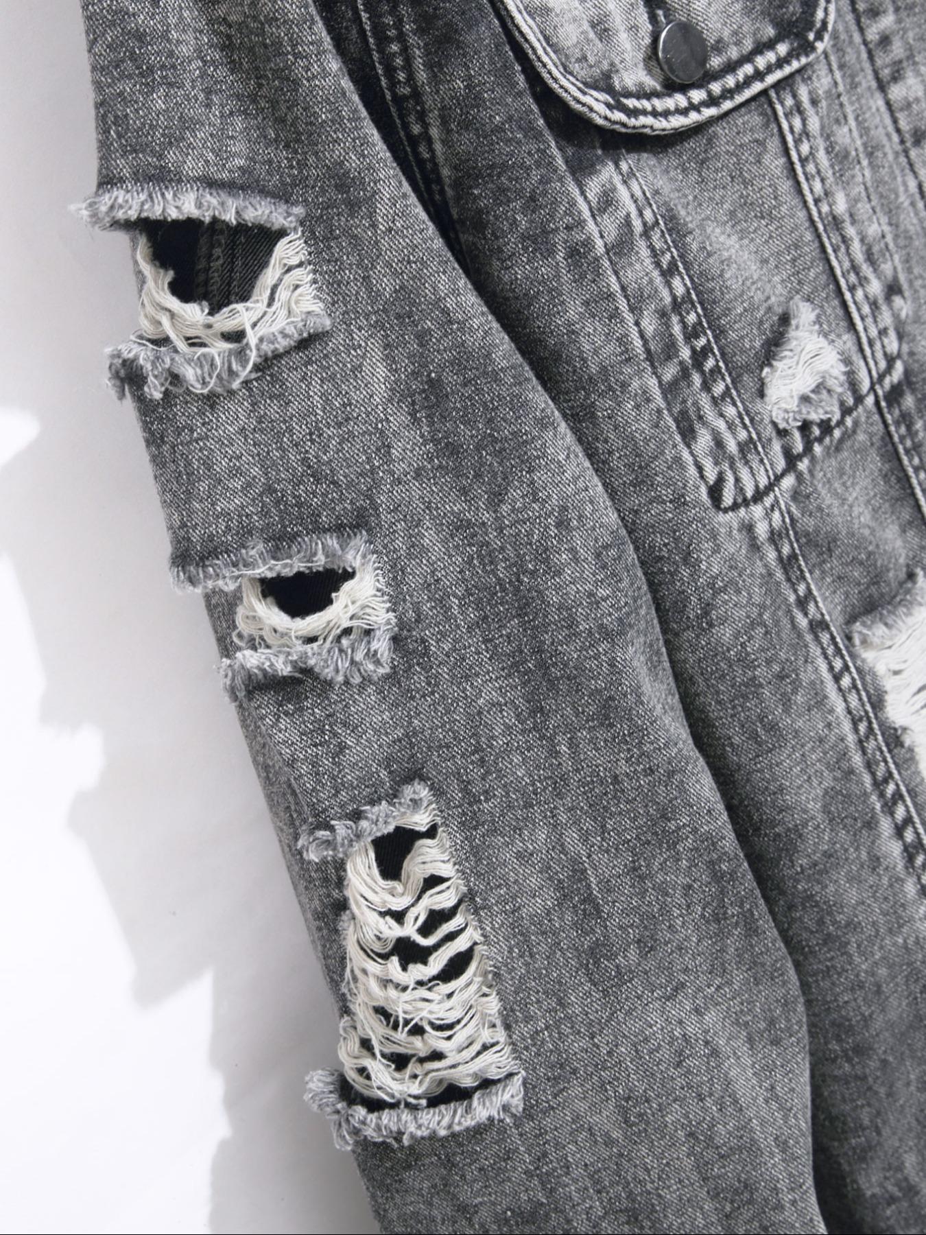 Men's Distressed Ripped Denim Jacket, Denim Jean Jacket, Fashion Comfy Longsleeves Outerwear for Daily Wear, Men's Clothing for All Seasons, Cotton Menswear, Casual Style Outerwear, Casual Fall Jacket, Casual Jacket Coat, Clothe, Vintage Street Wear