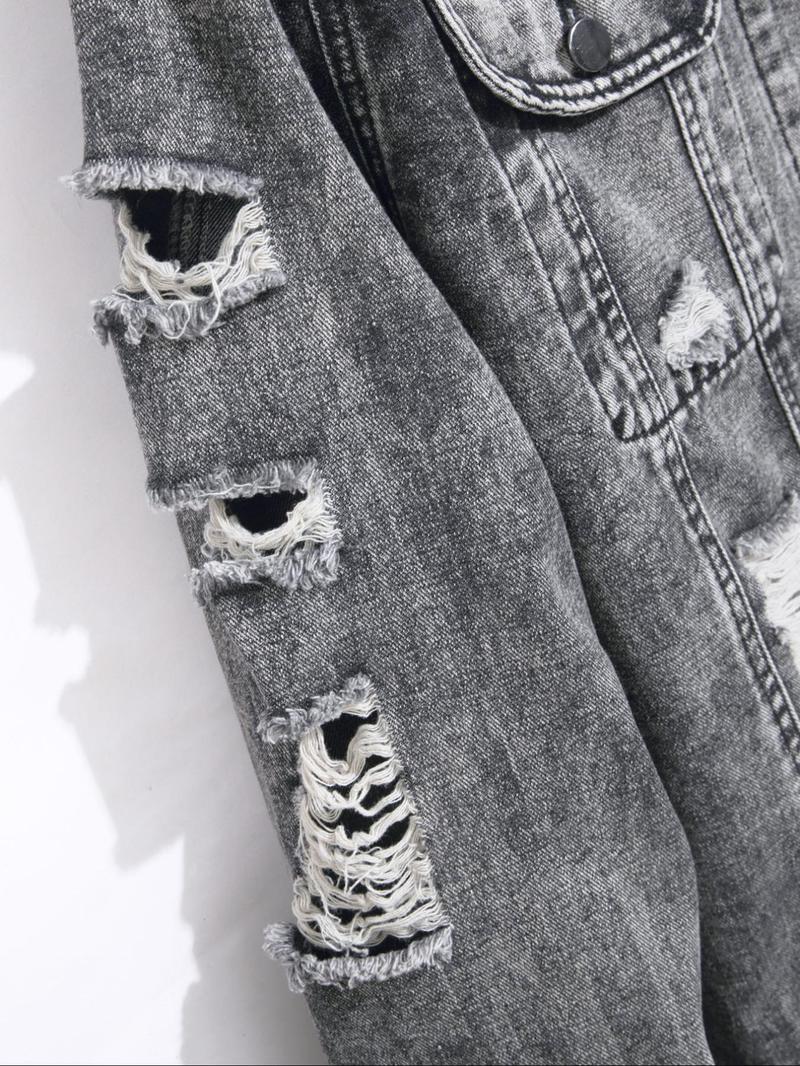 Men's Distressed Ripped Denim Jacket, Denim Jean Jacket, Fashion Comfy Longsleeves Outerwear for Daily Wear, Men's Clothing for All Seasons, Cotton Menswear, Casual Style Outerwear, Casual Fall Jacket, Casual Jacket Coat, Clothe, Vintage Street Wear