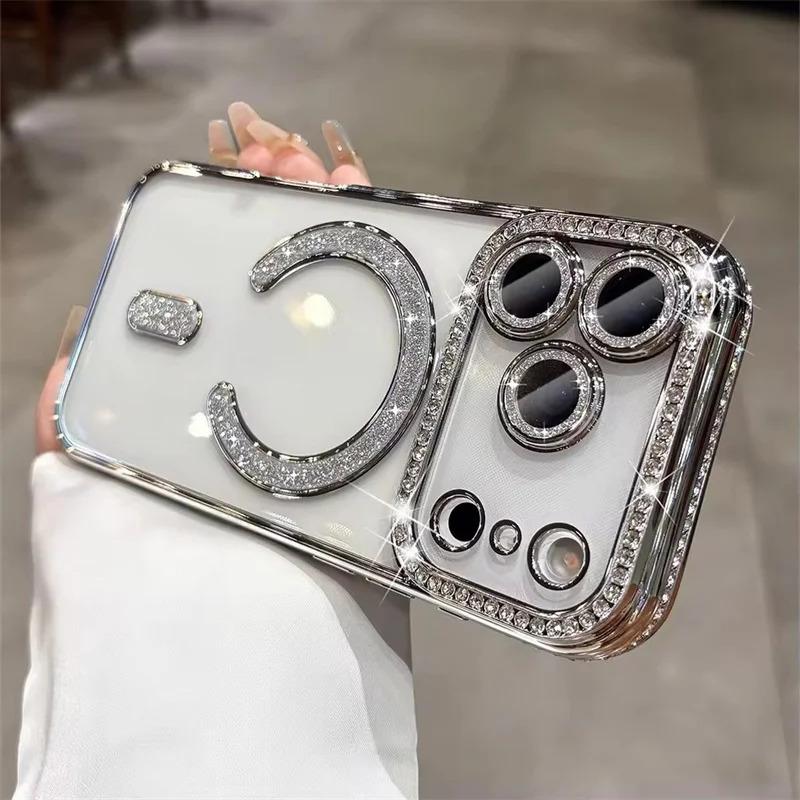 High-grade Glitter Rhinestones Phone Case For iPhone 17 16 15 11 12 13 14 Pro Max Plus Magsafe Magnetic Clear Lens Protect Cover