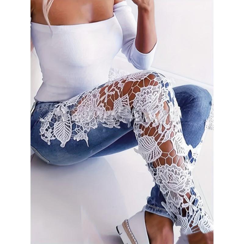 Elegant Skinny Fit Hollow Out Lace Contrast Denim Jeans, Women's Denim Pants & Clothing